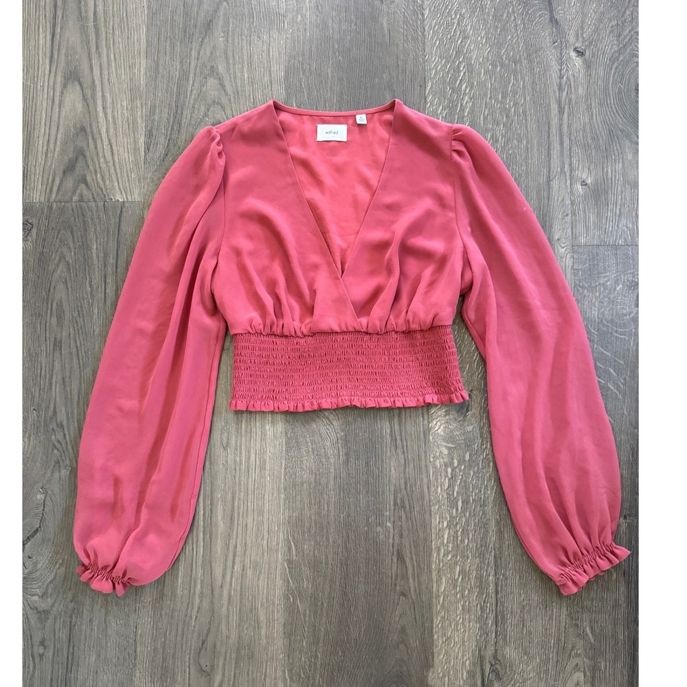 Wilfred Aritzia Wistful Blouse XS Dusty Rose Pink Smocked Crop Top Excellent